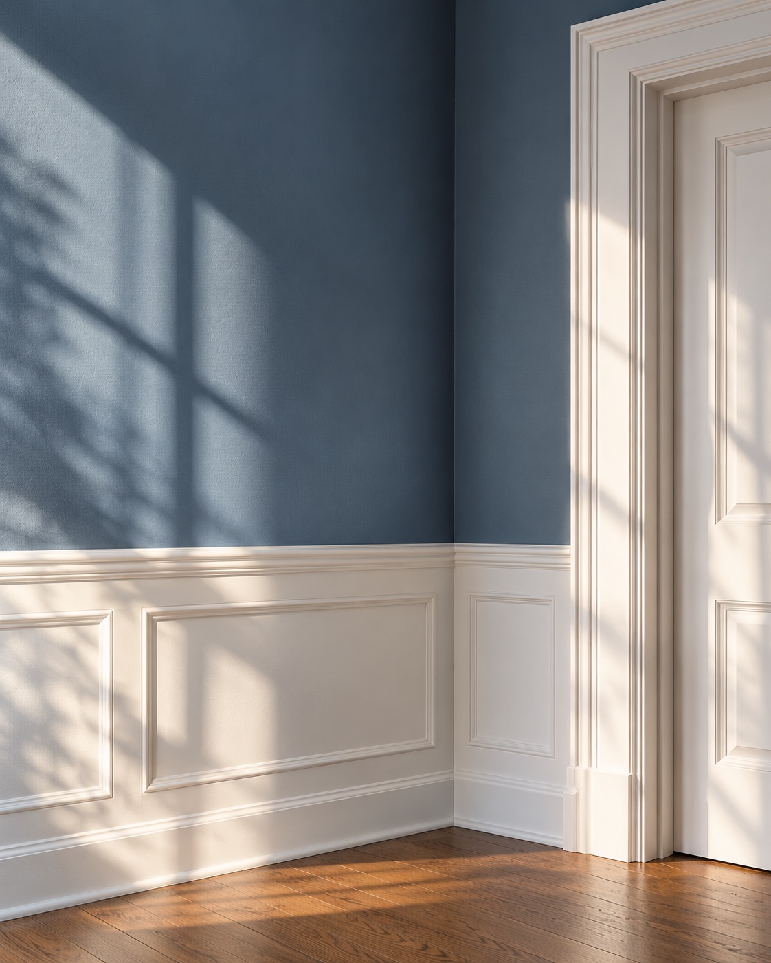 Illustrative color study of a blue painted wall and white architectural trim in sunlight